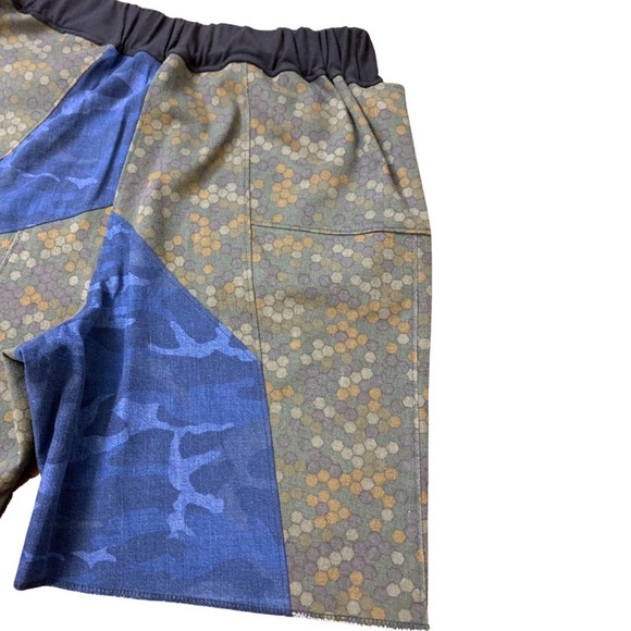 1 of 1 Custom Denim Shorts, Honeycomb print, Blue Camo shorts elastic waistband - Picture 6 of 7